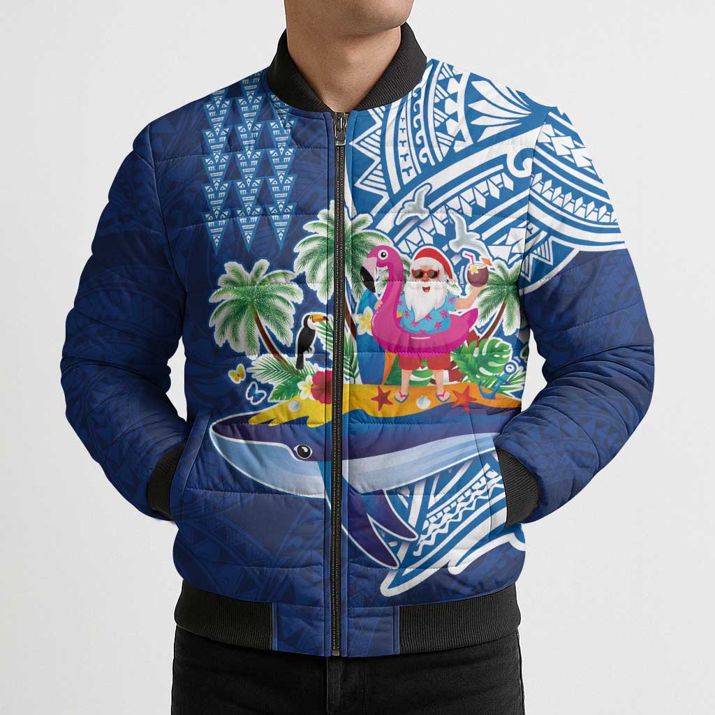 Hawaiian Mele Kalikimaka Bomber Puffer Jacket Funny Santa on Whale Island with Kakau Tattoos - Polynesian Pride