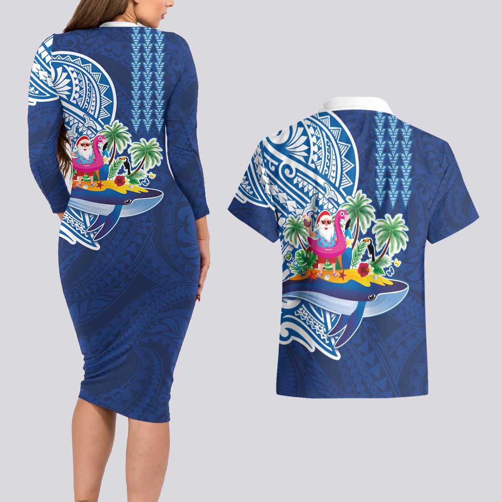 Hawaiian Mele Kalikimaka Couples Matching Long Sleeve Bodycon Dress and Hawaiian Shirt Funny Santa on Whale Island with Kakau Tattoos - Polynesian Pride