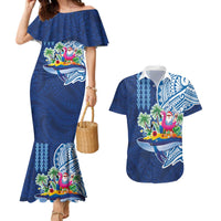 Hawaiian Mele Kalikimaka Couples Matching Mermaid Dress and Hawaiian Shirt Funny Santa on Whale Island with Kakau Tattoos - Polynesian Pride