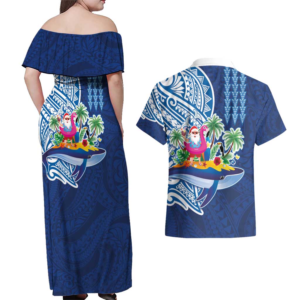 Hawaiian Mele Kalikimaka Couples Matching Off Shoulder Maxi Dress and Hawaiian Shirt Funny Santa on Whale Island with Kakau Tattoos - Polynesian Pride