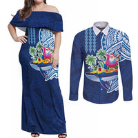 Hawaiian Mele Kalikimaka Couples Matching Off Shoulder Maxi Dress and Long Sleeve Button Shirt Funny Santa on Whale Island with Kakau Tattoos - Polynesian Pride