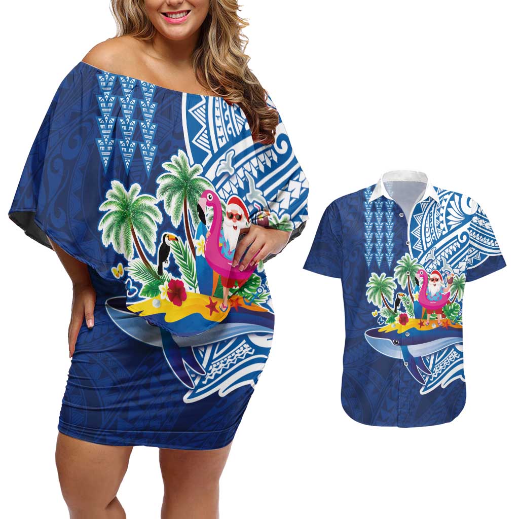 Hawaiian Mele Kalikimaka Couples Matching Off Shoulder Short Dress and Hawaiian Shirt Funny Santa on Whale Island with Kakau Tattoos - Polynesian Pride