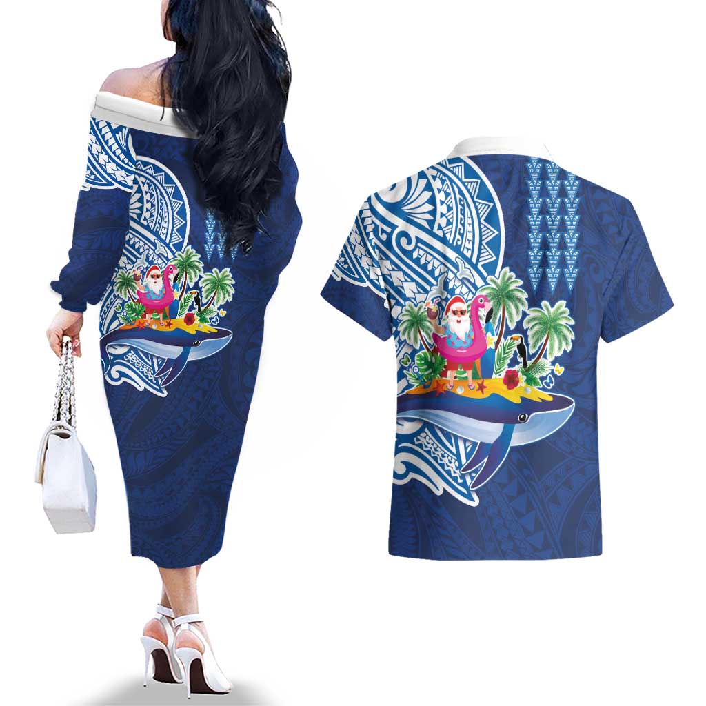 Hawaiian Mele Kalikimaka Couples Matching Off The Shoulder Long Sleeve Dress and Hawaiian Shirt Funny Santa on Whale Island with Kakau Tattoos - Polynesian Pride