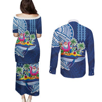 Hawaiian Mele Kalikimaka Couples Matching Puletasi and Long Sleeve Button Shirt Funny Santa on Whale Island with Kakau Tattoos - Polynesian Pride