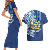 Hawaiian Mele Kalikimaka Couples Matching Short Sleeve Bodycon Dress and Hawaiian Shirt Funny Santa on Whale Island with Kakau Tattoos - Polynesian Pride