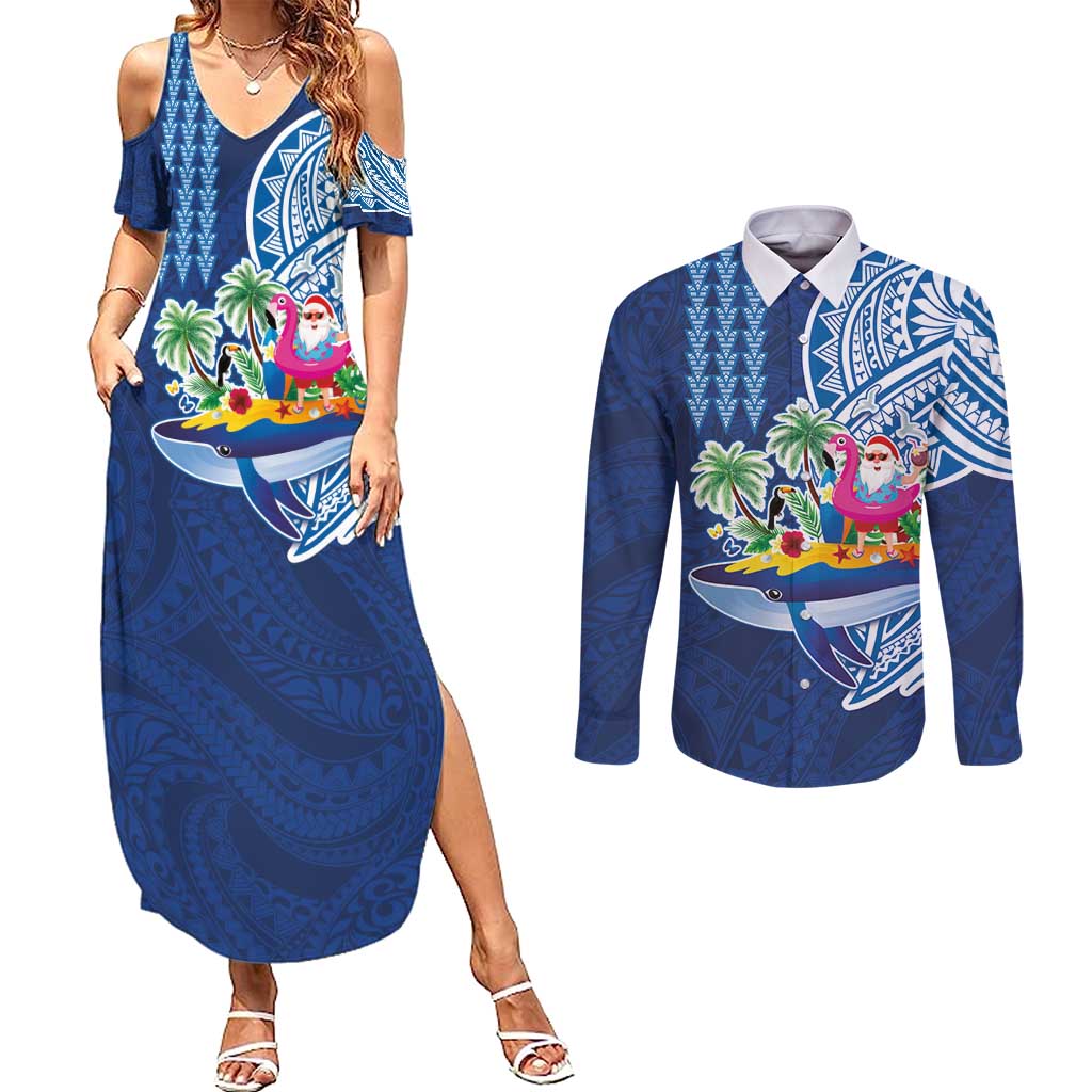 Hawaiian Mele Kalikimaka Couples Matching Summer Maxi Dress and Long Sleeve Button Shirt Funny Santa on Whale Island with Kakau Tattoos - Polynesian Pride