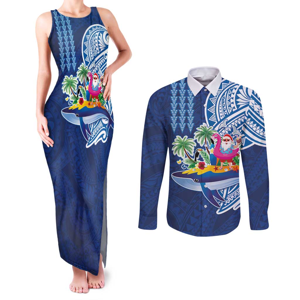 Hawaiian Mele Kalikimaka Couples Matching Tank Maxi Dress and Long Sleeve Button Shirt Funny Santa on Whale Island with Kakau Tattoos - Polynesian Pride