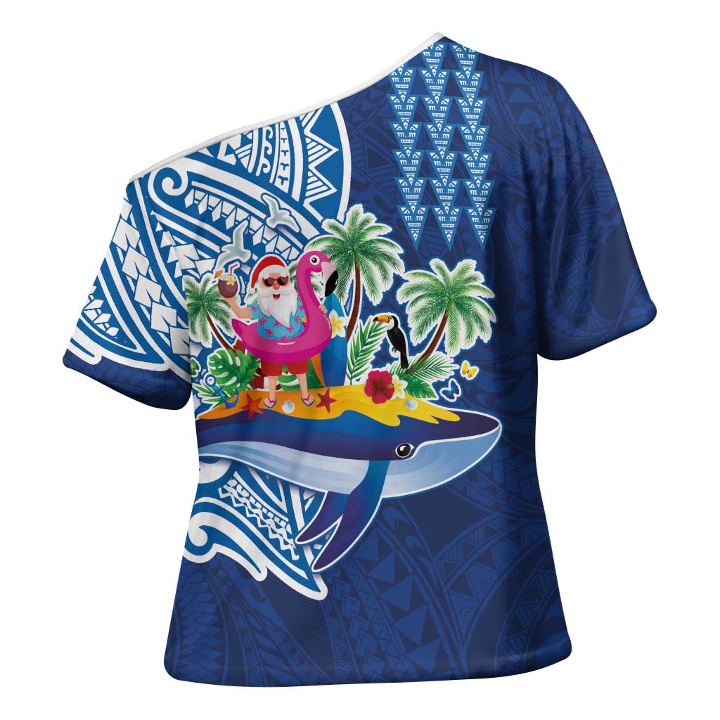 Hawaiian Mele Kalikimaka Cross Shoulder Shirt Funny Santa on Whale Island with Kakau Tattoos - Polynesian Pride