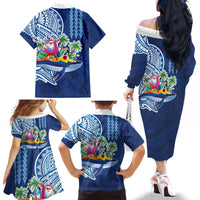 Hawaiian Mele Kalikimaka Family Matching Off The Shoulder Long Sleeve Dress and Hawaiian Shirt Funny Santa on Whale Island with Kakau Tattoos - Polynesian Pride