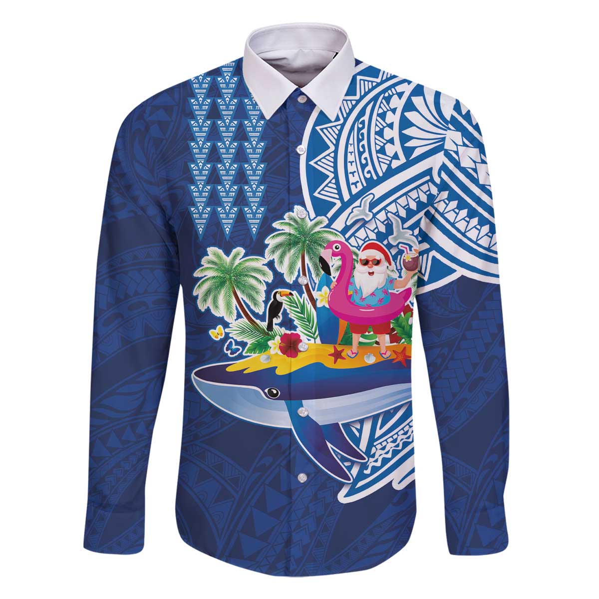 Hawaiian Mele Kalikimaka Family Matching Off The Shoulder Long Sleeve Dress and Hawaiian Shirt Funny Santa on Whale Island with Kakau Tattoos - Polynesian Pride