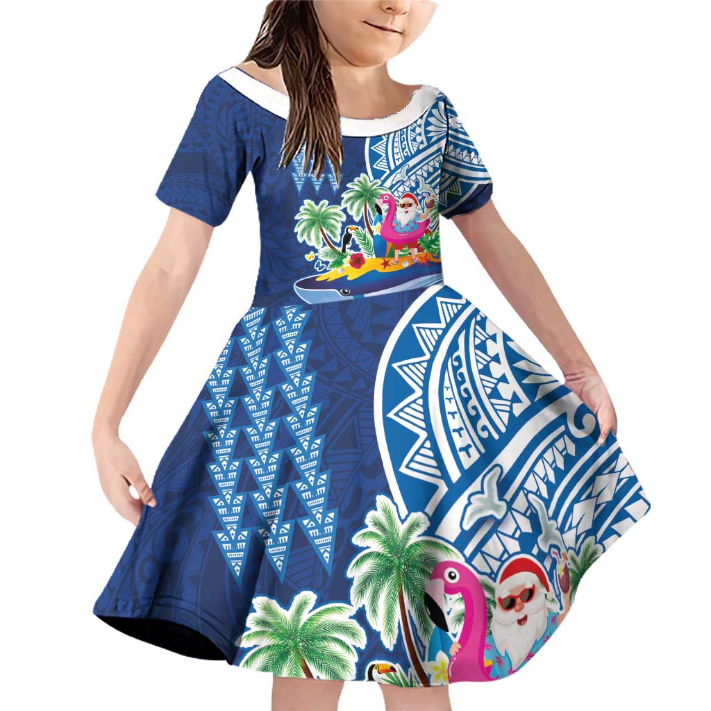 Hawaiian Mele Kalikimaka Family Matching Off Shoulder Short Dress and Hawaiian Shirt Funny Santa on Whale Island with Kakau Tattoos - Polynesian Pride
