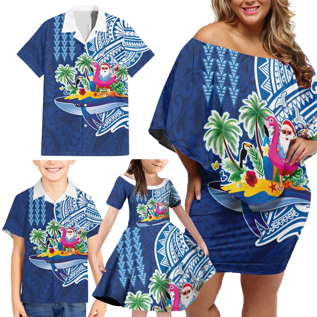 Hawaiian Mele Kalikimaka Family Matching Off Shoulder Short Dress and Hawaiian Shirt Funny Santa on Whale Island with Kakau Tattoos - Polynesian Pride