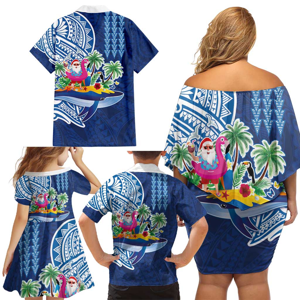 Hawaiian Mele Kalikimaka Family Matching Off Shoulder Short Dress and Hawaiian Shirt Funny Santa on Whale Island with Kakau Tattoos - Polynesian Pride