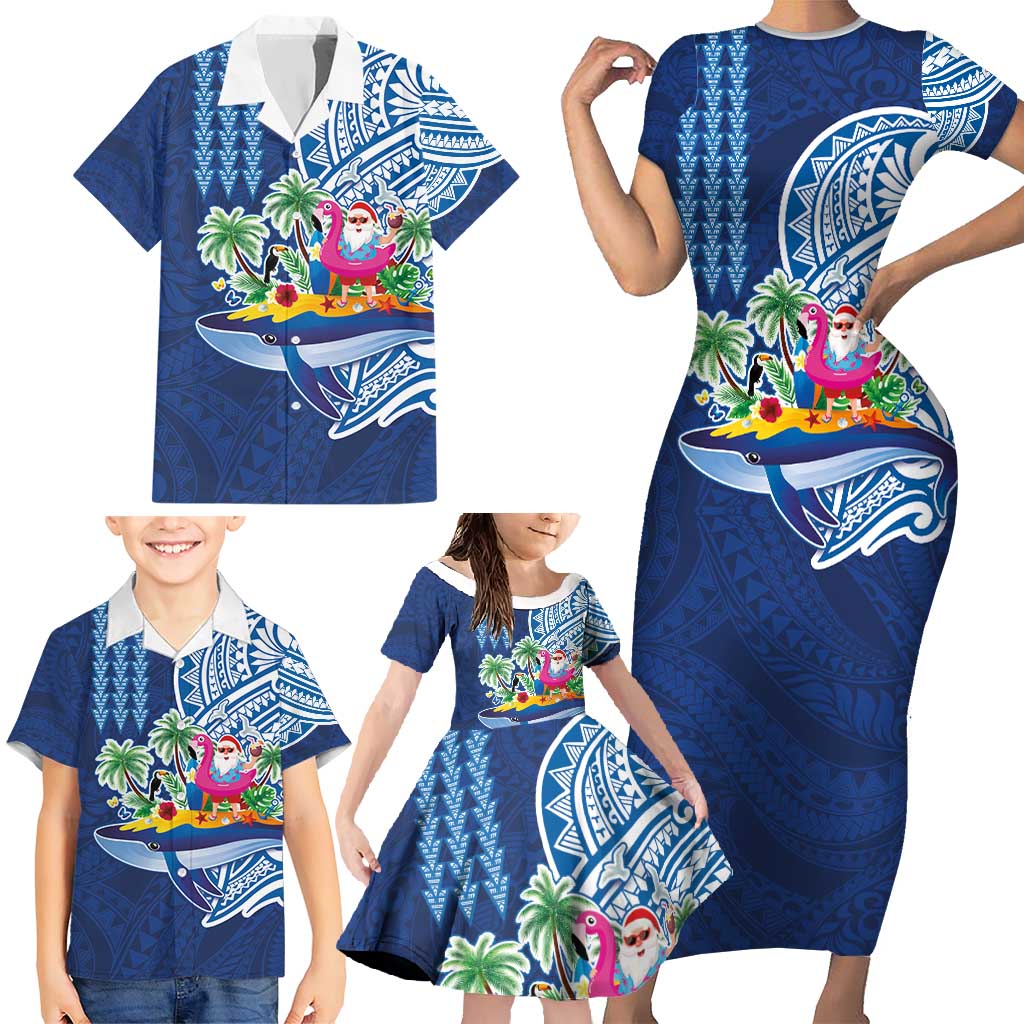 Hawaiian Mele Kalikimaka Family Matching Short Sleeve Bodycon Dress and Hawaiian Shirt Funny Santa on Whale Island with Kakau Tattoos - Polynesian Pride