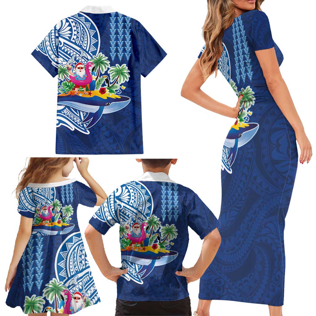 Hawaiian Mele Kalikimaka Family Matching Short Sleeve Bodycon Dress and Hawaiian Shirt Funny Santa on Whale Island with Kakau Tattoos - Polynesian Pride