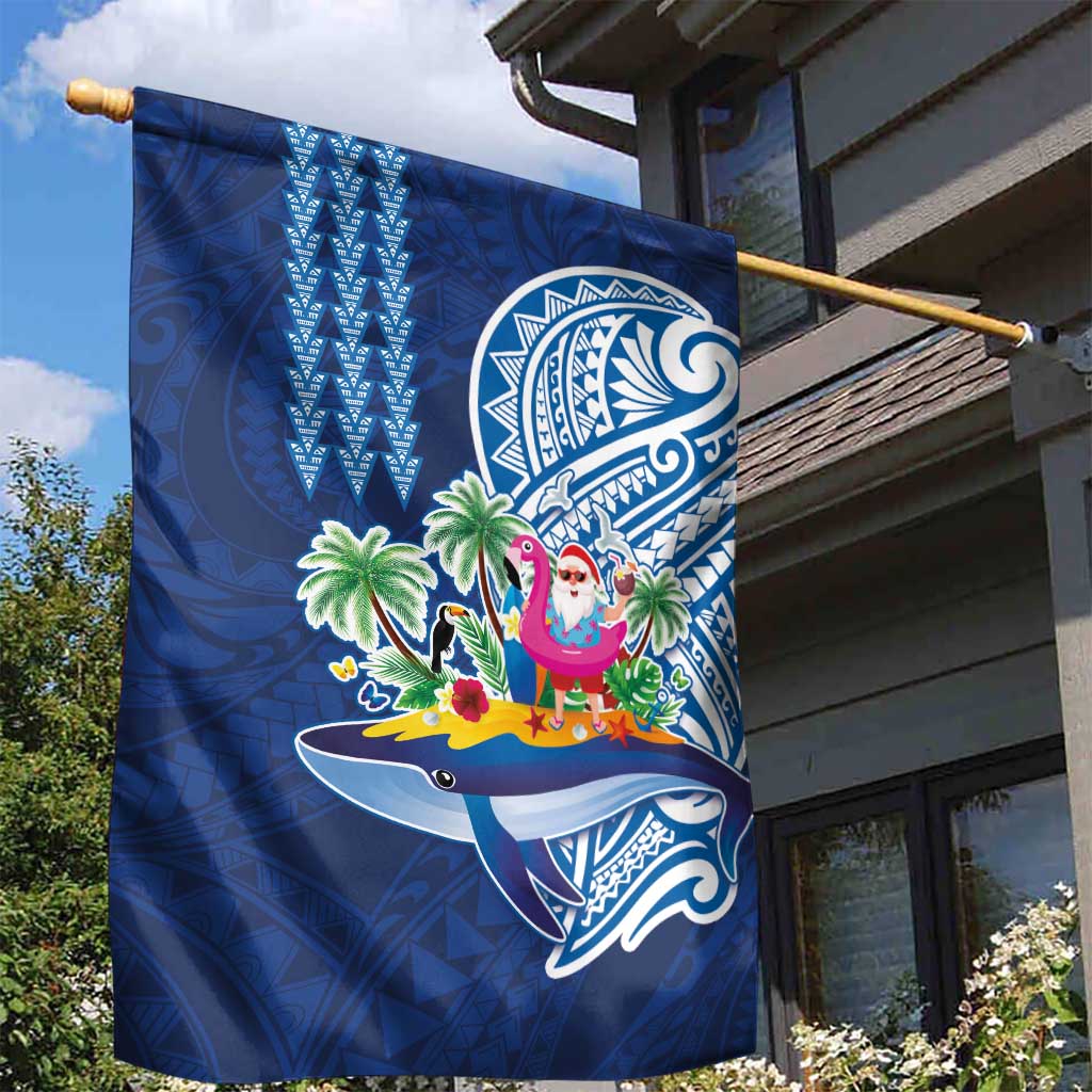 Hawaiian Mele Kalikimaka Garden Flag Funny Santa on Whale Island with Kakau Tattoos - Polynesian Pride