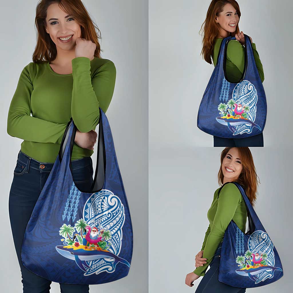 Hawaiian Mele Kalikimaka Grocery Bag Funny Santa on Whale Island with Kakau Tattoos - Polynesian Pride