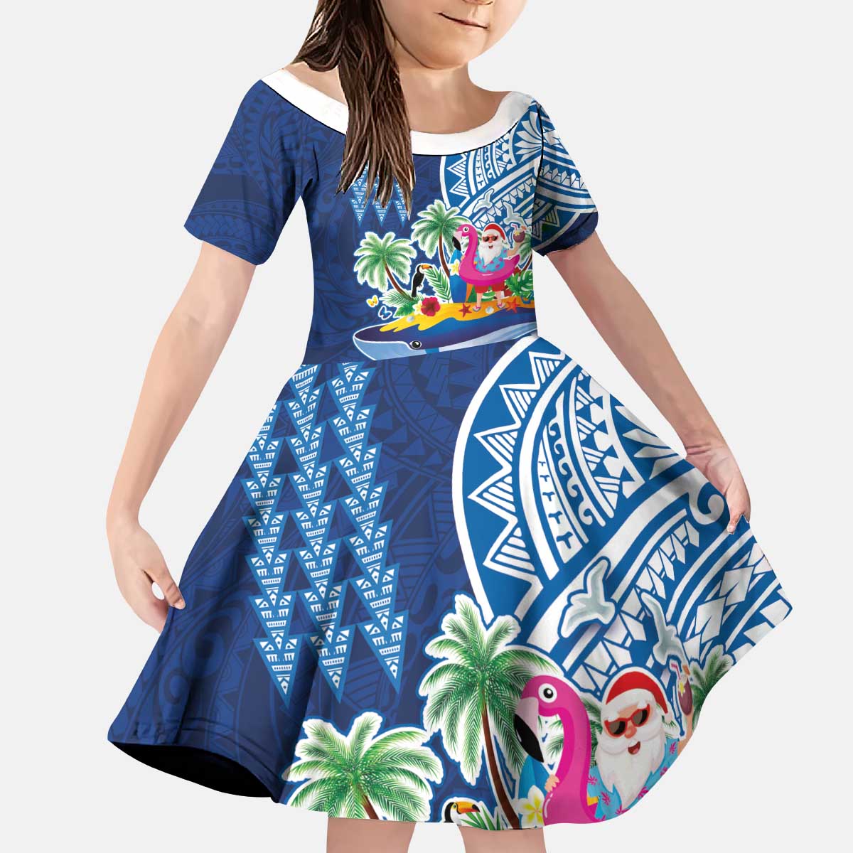 Hawaiian Mele Kalikimaka Kid Short Sleeve Dress Funny Santa on Whale Island with Kakau Tattoos - Polynesian Pride