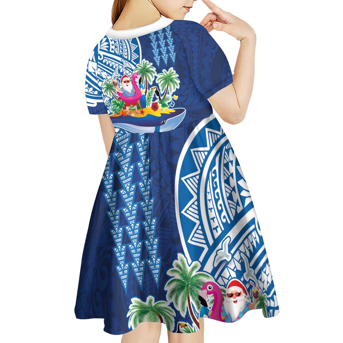 Hawaiian Mele Kalikimaka Kid Short Sleeve Dress Funny Santa on Whale Island with Kakau Tattoos - Polynesian Pride