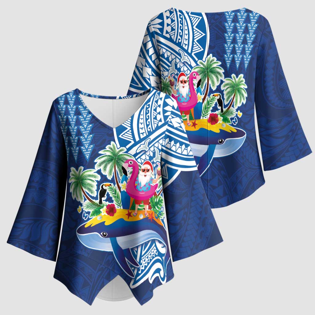 Hawaiian Mele Kalikimaka Kimono Sleeve Blouse Funny Santa on Whale Island with Kakau Tattoos - Polynesian Pride
