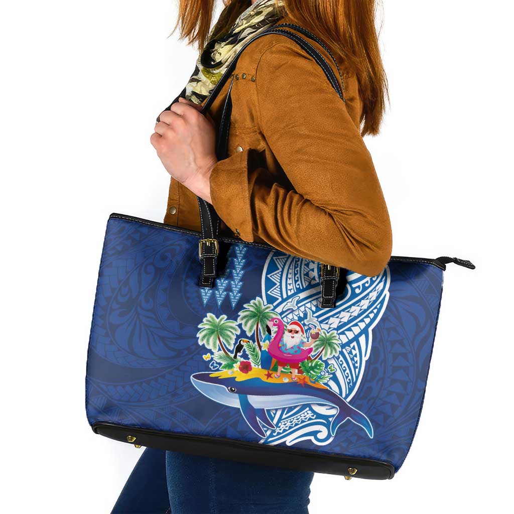 Hawaiian Mele Kalikimaka Leather Tote Bag Funny Santa on Whale Island with Kakau Tattoos - Polynesian Pride