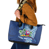 Hawaiian Mele Kalikimaka Leather Tote Bag Funny Santa on Whale Island with Kakau Tattoos - Polynesian Pride