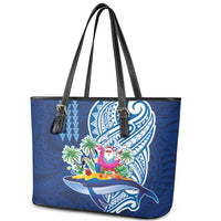 Hawaiian Mele Kalikimaka Leather Tote Bag Funny Santa on Whale Island with Kakau Tattoos - Polynesian Pride