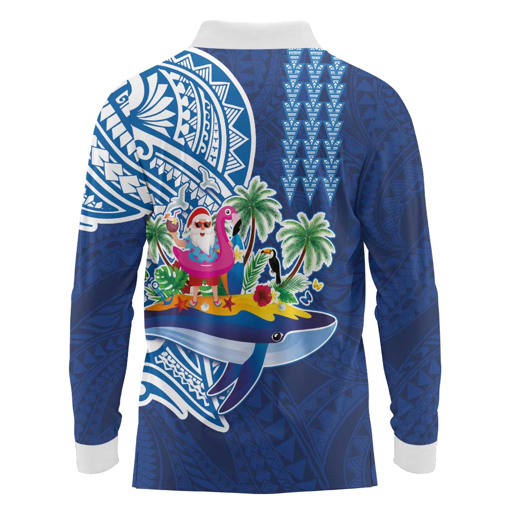 Hawaiian Mele Kalikimaka Long Sleeve Polo Shirt Funny Santa on Whale Island with Kakau Tattoos - Polynesian Pride