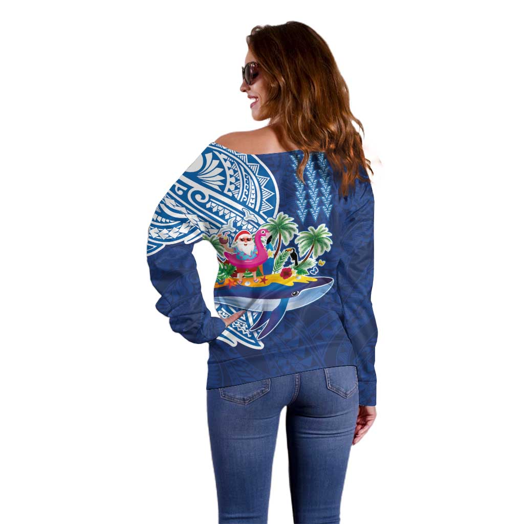 Hawaiian Mele Kalikimaka Off Shoulder Sweater Funny Santa on Whale Island with Kakau Tattoos - Polynesian Pride