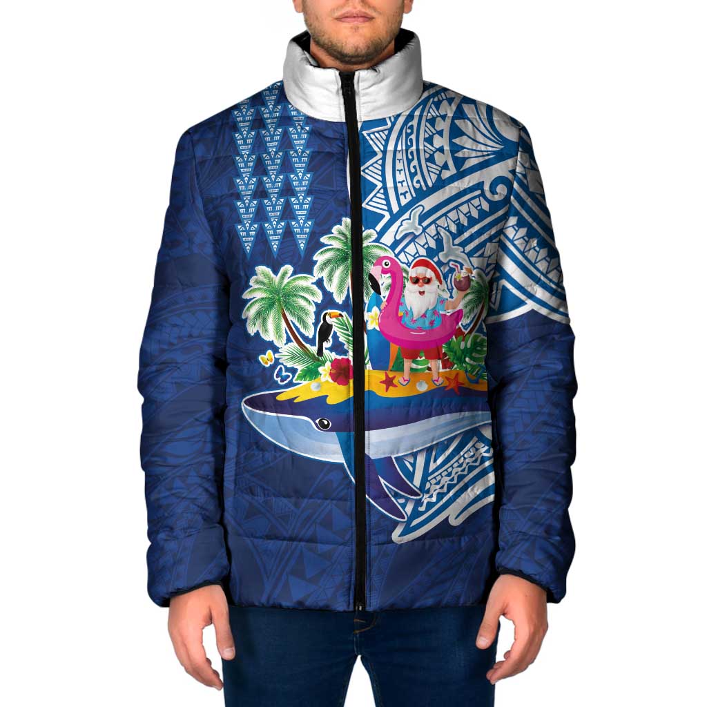 Hawaiian Mele Kalikimaka Padded Jacket Funny Santa on Whale Island with Kakau Tattoos - Polynesian Pride