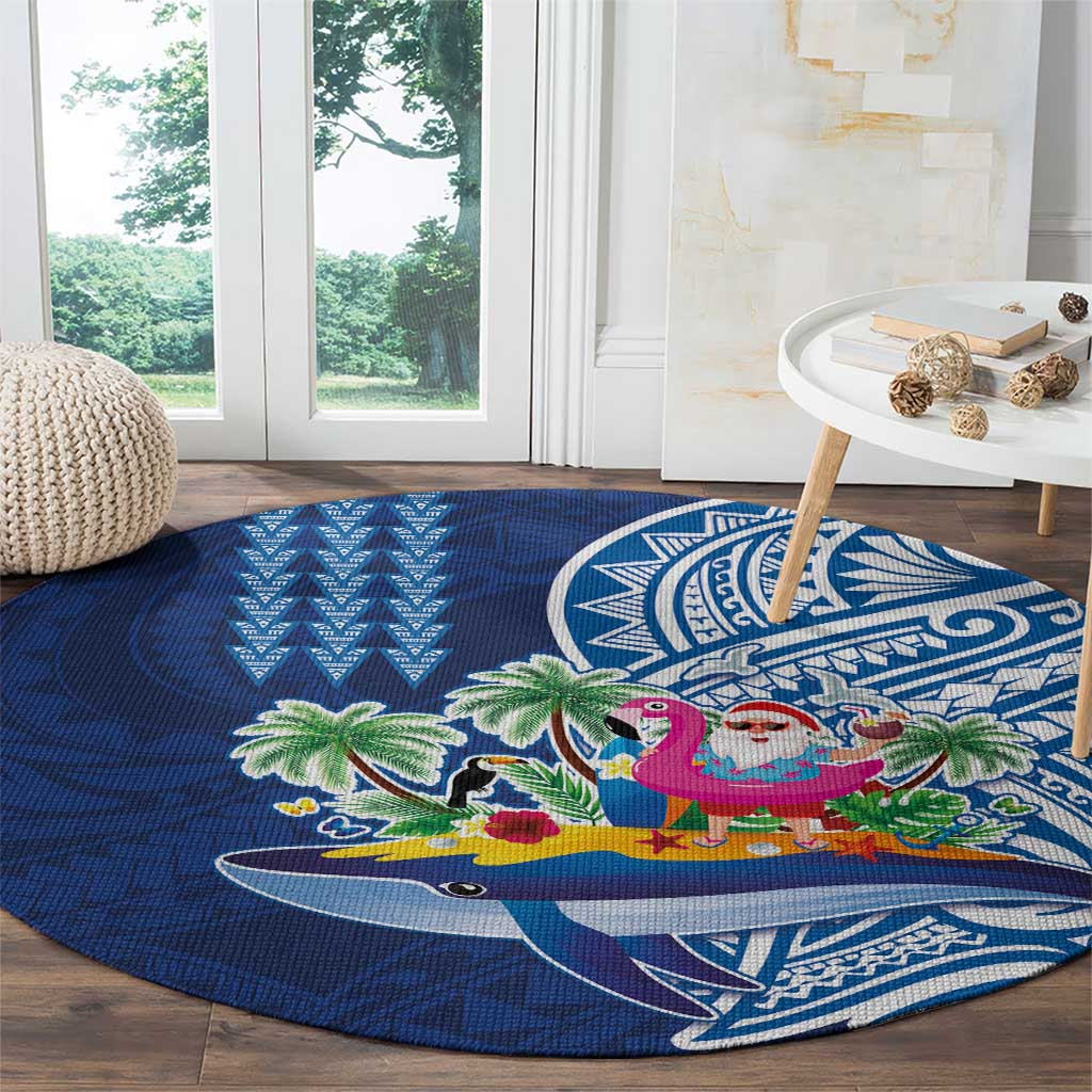 Hawaiian Mele Kalikimaka Round Carpet Funny Santa on Whale Island with Kakau Tattoos - Polynesian Pride