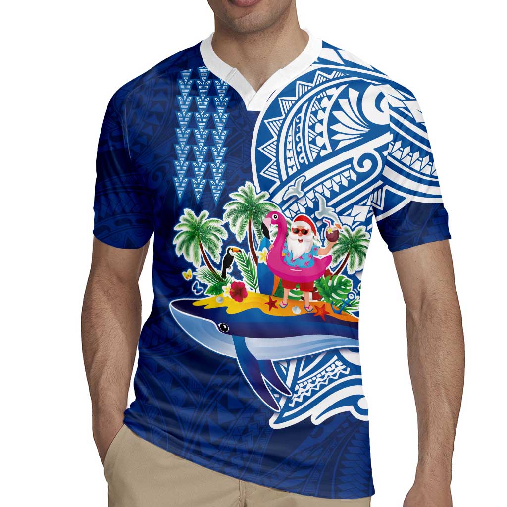Hawaiian Mele Kalikimaka Rugby Jersey Funny Santa on Whale Island with Kakau Tattoos - Polynesian Pride