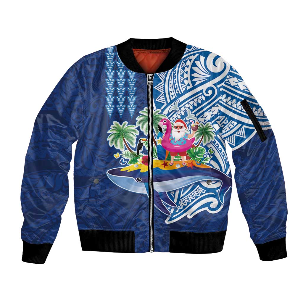 Hawaiian Mele Kalikimaka Sleeve Zip Bomber Jacket Funny Santa on Whale Island with Kakau Tattoos - Polynesian Pride