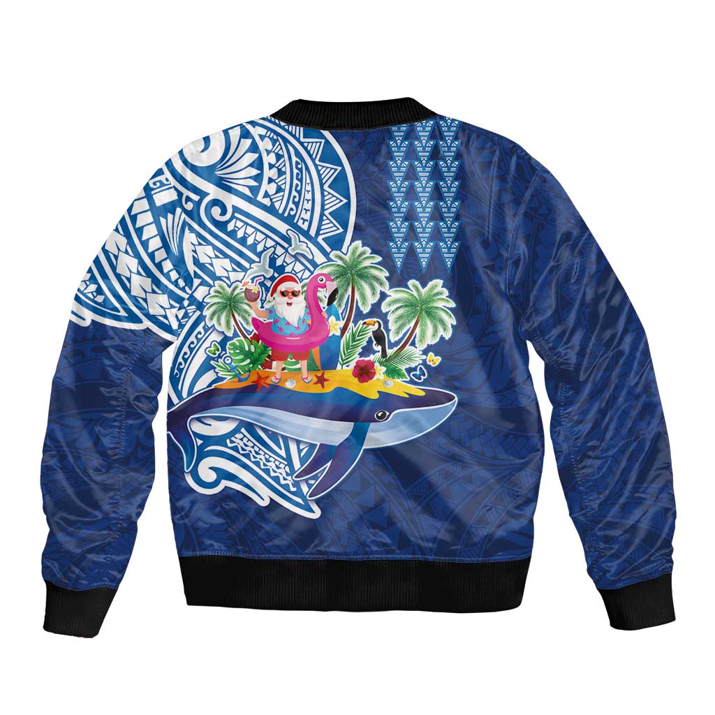 Hawaiian Mele Kalikimaka Sleeve Zip Bomber Jacket Funny Santa on Whale Island with Kakau Tattoos - Polynesian Pride