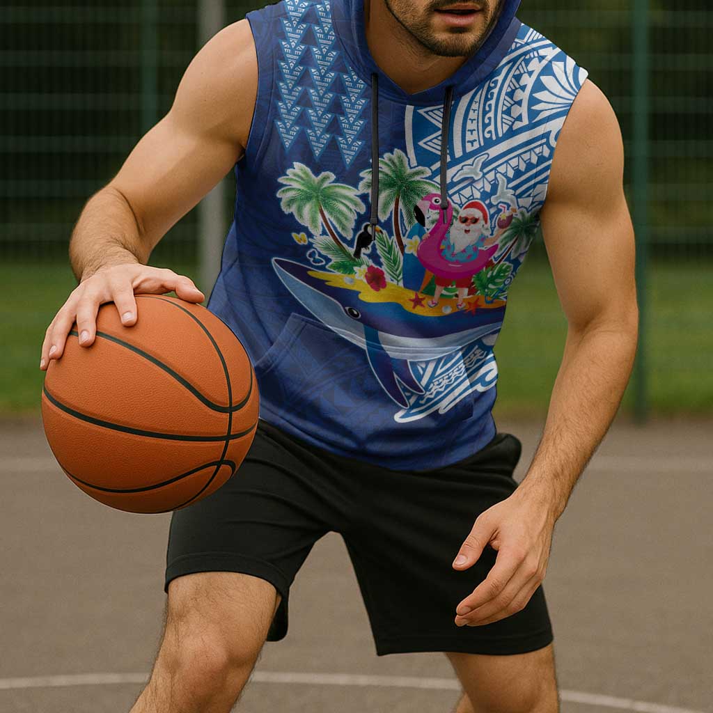 Hawaiian Mele Kalikimaka Sleeveless Hoodie Funny Santa on Whale Island with Kakau Tattoos - Polynesian Pride