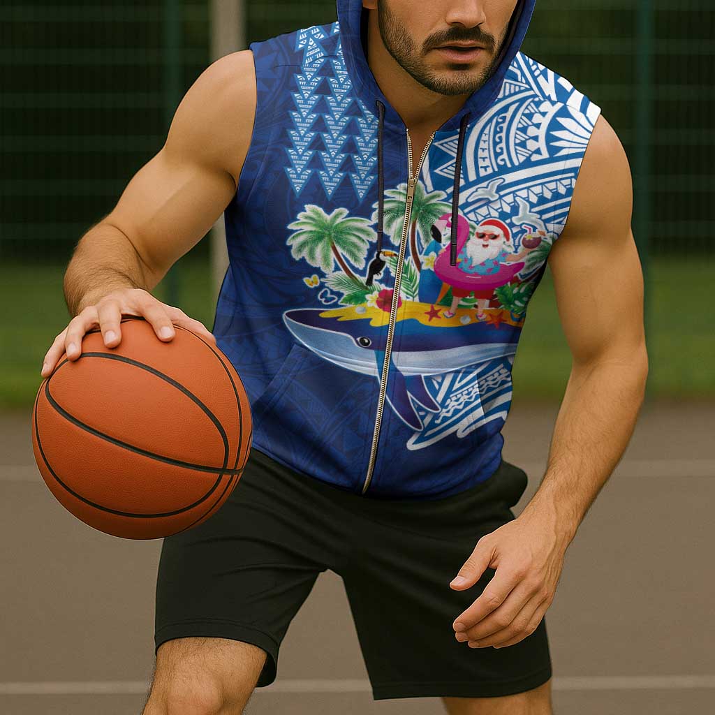 Hawaiian Mele Kalikimaka Sleeveless Zip Hoodie Funny Santa on Whale Island with Kakau Tattoos - Polynesian Pride