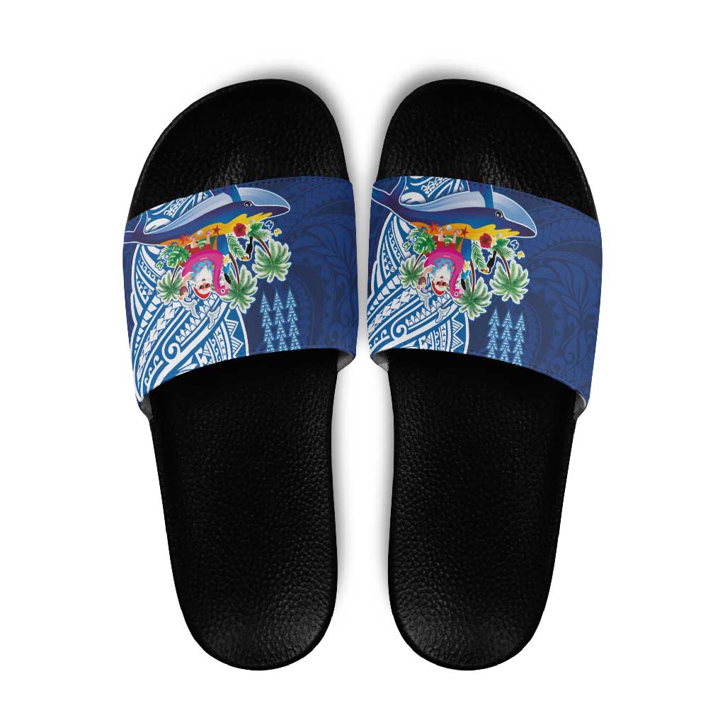 Hawaiian Mele Kalikimaka Slide Sandals Funny Santa on Whale Island with Kakau Tattoos - Polynesian Pride