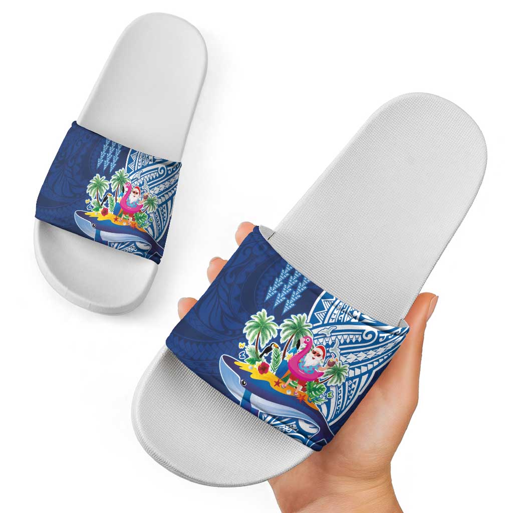 Hawaiian Mele Kalikimaka Slide Sandals Funny Santa on Whale Island with Kakau Tattoos - Polynesian Pride