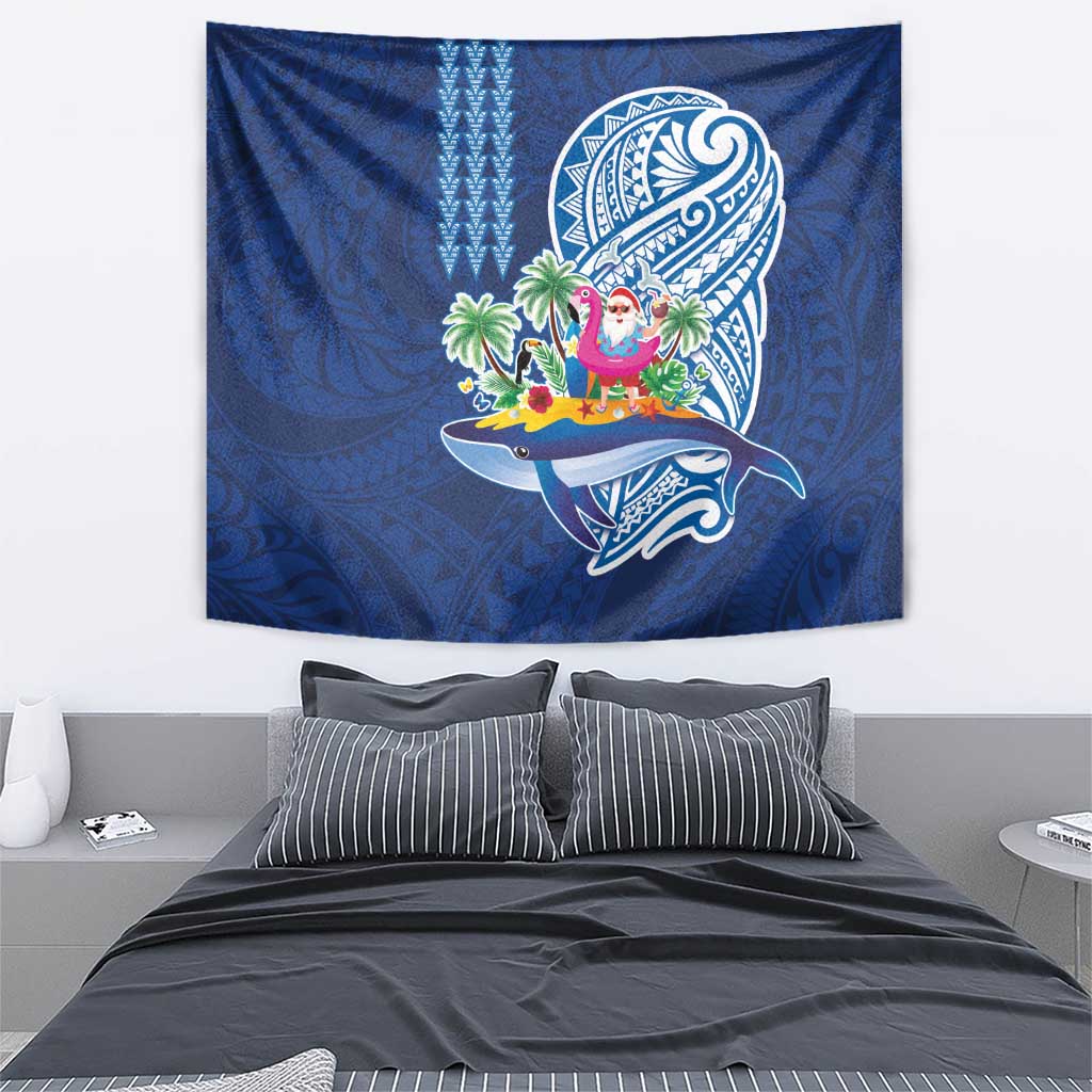 Hawaiian Mele Kalikimaka Tapestry Funny Santa on Whale Island with Kakau Tattoos - Polynesian Pride