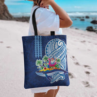 Hawaiian Mele Kalikimaka Tote Bag Funny Santa on Whale Island with Kakau Tattoos - Polynesian Pride