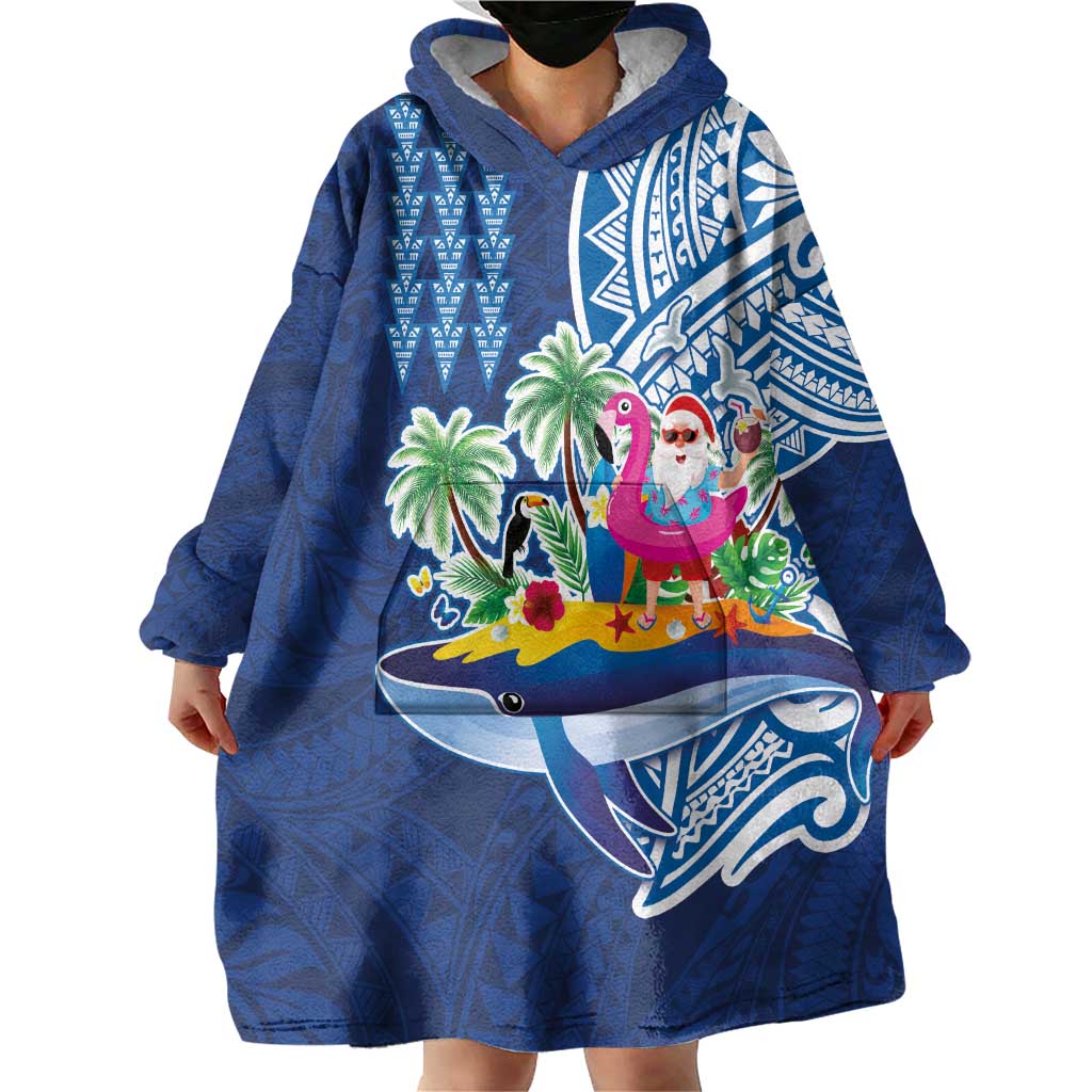 Hawaiian Mele Kalikimaka Wearable Blanket Hoodie Funny Santa on Whale Island with Kakau Tattoos - Polynesian Pride
