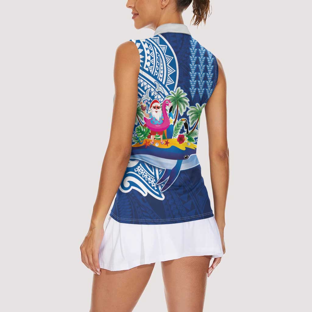 Hawaiian Mele Kalikimaka Women Sleeveless Polo Shirt Funny Santa on Whale Island with Kakau Tattoos - Polynesian Pride