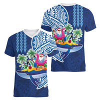 Hawaiian Mele Kalikimaka Women V-Neck T-Shirt Funny Santa on Whale Island with Kakau Tattoos - Polynesian Pride