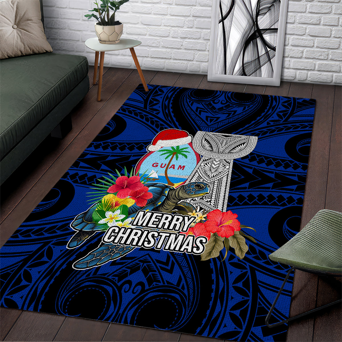Guam Christmas Area Rug Santa Gift Latte Stone and Sea Turle Mix Hibiscus Chamorro Blue Style LT03