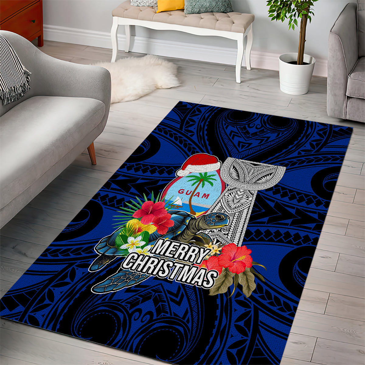 Guam Christmas Area Rug Santa Gift Latte Stone and Sea Turle Mix Hibiscus Chamorro Blue Style LT03