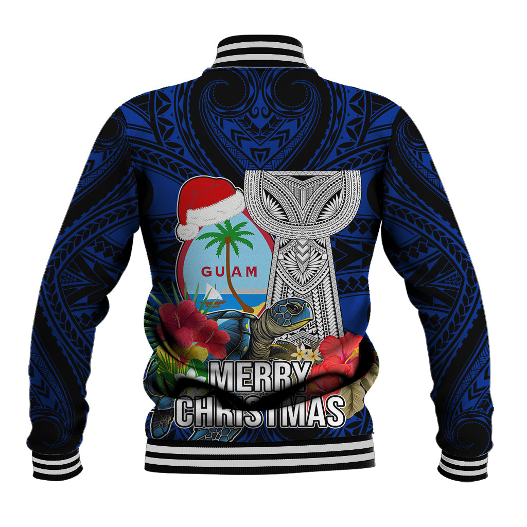 Guam Christmas Baseball Jacket Santa Gift Latte Stone and Sea Turle Mix Hibiscus Chamorro Blue Style LT03