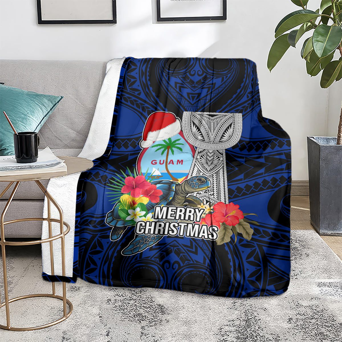 Guam Christmas Blanket Santa Gift Latte Stone and Sea Turle Mix Hibiscus Chamorro Blue Style LT03