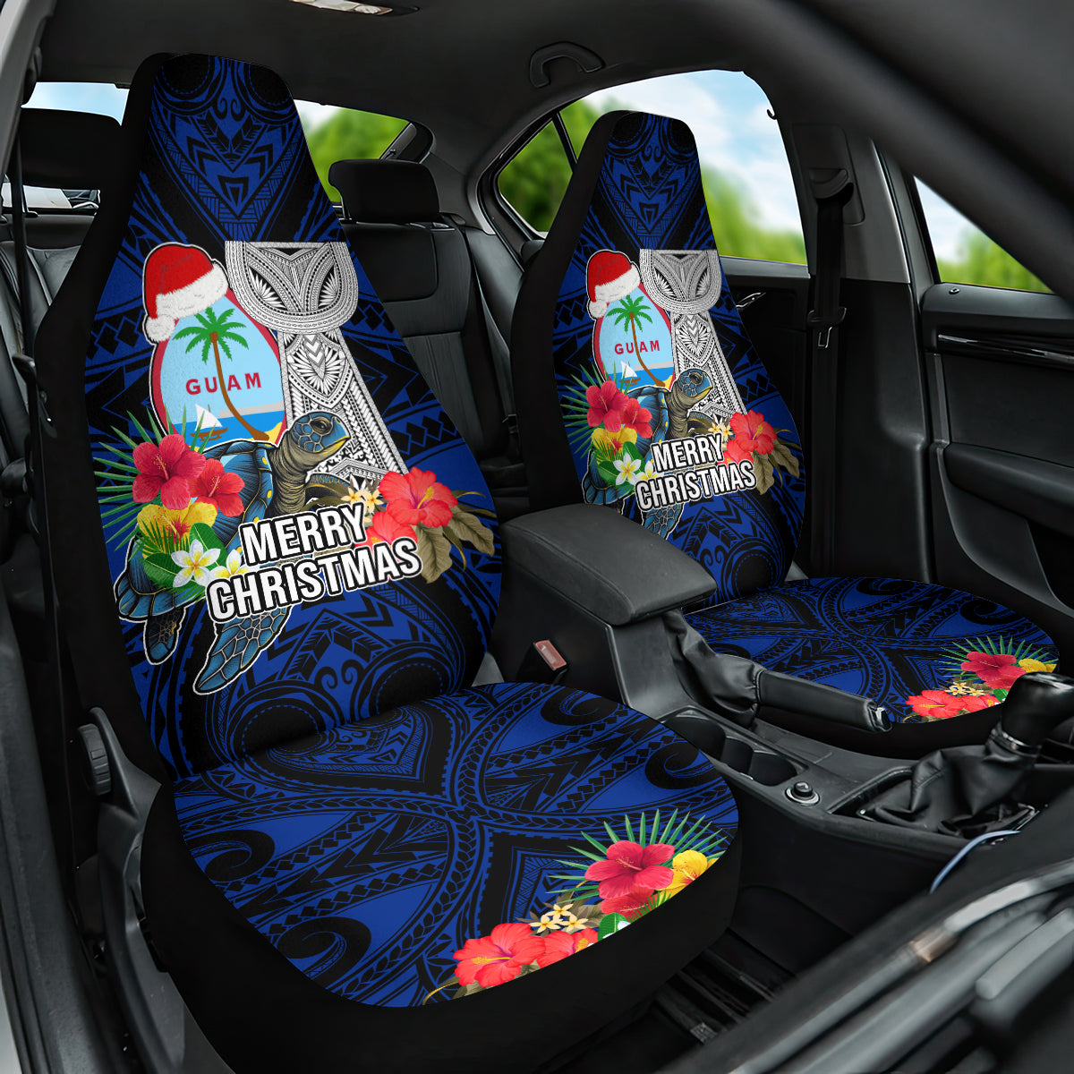 Guam Christmas Car Seat Cover Santa Gift Latte Stone and Sea Turle Mix Hibiscus Chamorro Blue Style LT03