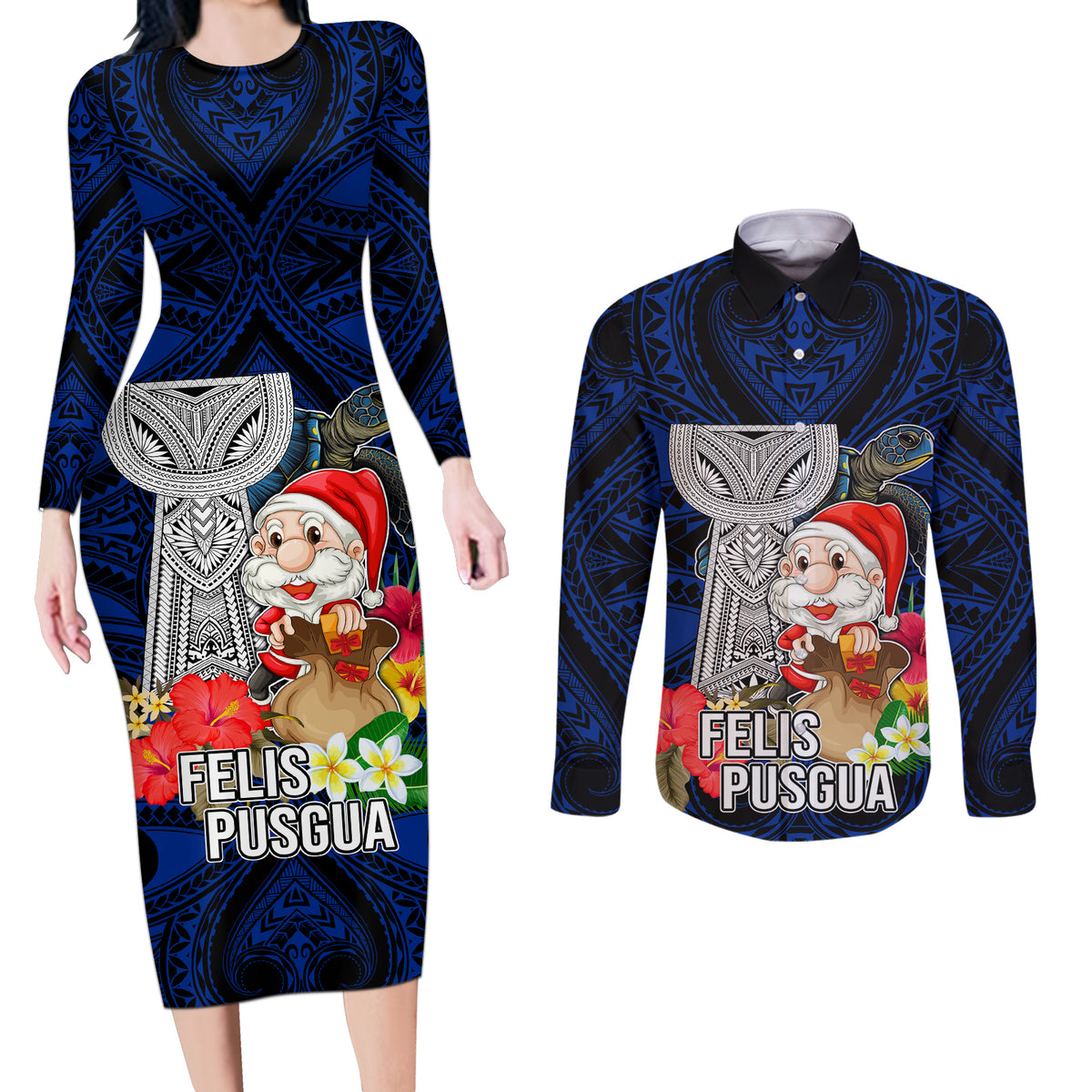 Guam Christmas Couples Matching Long Sleeve Bodycon Dress and Long Sleeve Button Shirt Santa Gift Latte Stone and Sea Turle Mix Hibiscus Chamorro Blue Style LT03