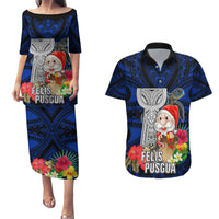 Guam Christmas Couples Matching Puletasi Dress and Hawaiian Shirt Santa Gift Latte Stone and Sea Turle Mix Hibiscus Chamorro Blue Style LT03
